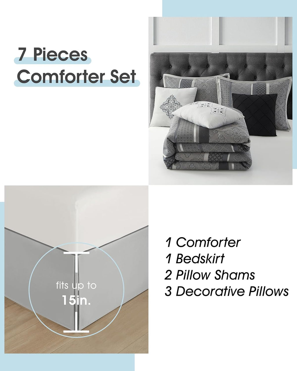 LANCO MODERN LIFESTYLE California King Comforter Set, Black Grey, Luxury Geometric Jacquard, All Seasons, 7 Pieces Bedding Set, Matching Shams, Bedskirt, Decorative Pillows