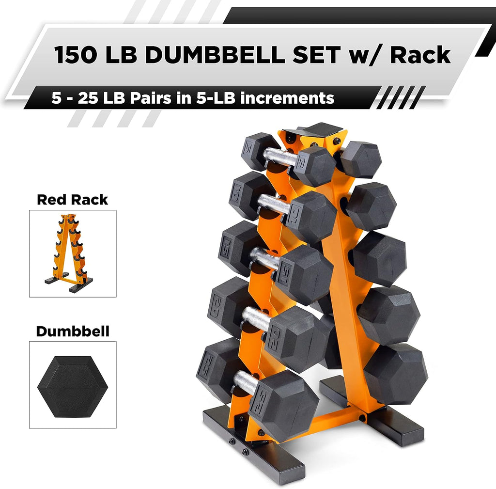 WF Athletic Supply 5-25Lb Rubber Coated Hex Dumbbell Set with A Frame Storage Rack Non-Slip Hex Shape for Muscle Toning, Strength Building & Weight Loss - Multiple Choices Available