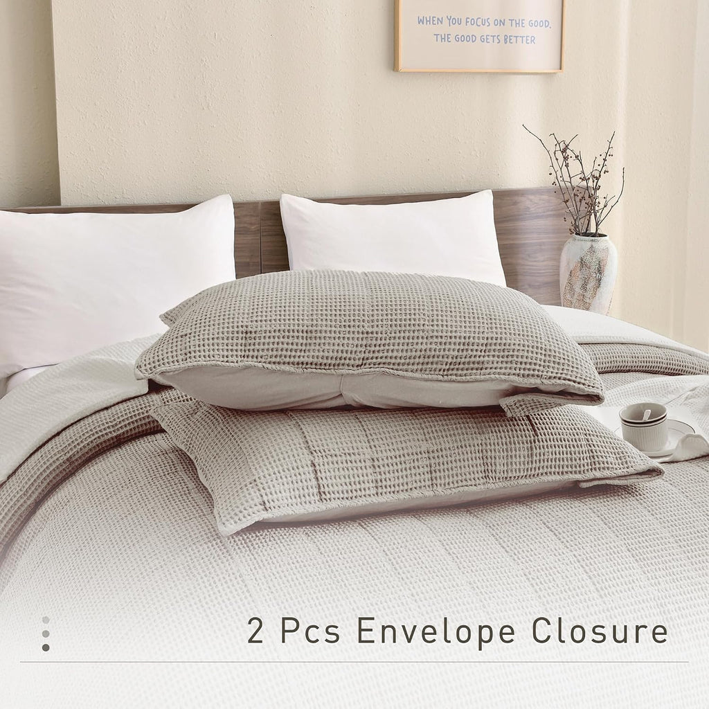 CozyTide 100% Cotton King Size Quilt(110x98 Inch),Dark Khaki Lightweight Waffle Bedspread Vintage Farmhouse Boho King Quilt Bedding Set Ultra Soft
