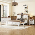 SOFTSEA 3-Piece Farmhouse Bed Frame Set with Charging Station, Full Size Platform Bed with Storage Headboard, Storage Nightstand and Dresser, Wood Bedroom Furniture Set, White+Brown