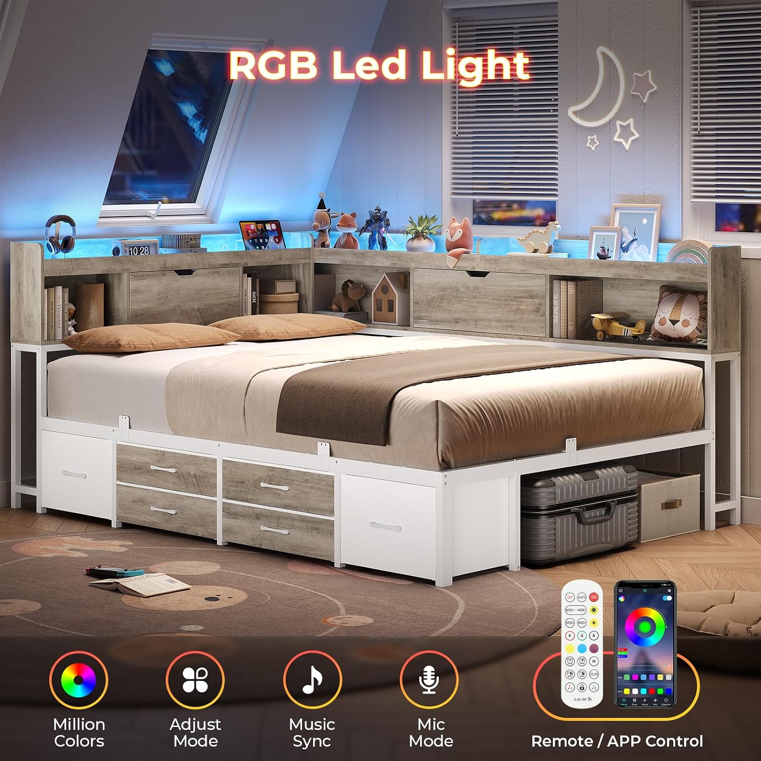 AOGLLATI Full Size Corner Bed Frame with 6 Storage Drawers and Bookcase Hidden Headboard, Full Bed Frame Metal Platform Daybed with Charging Station and LED Lights for Kids Teens, Grey