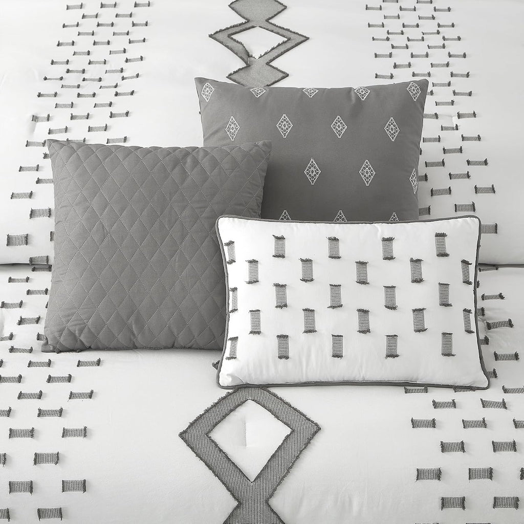 LANCO MODERN LIFESTYLE 7 Piece Grey and White Comforter Set, King, Boho Home Decor, Geometric Clip Pattern Bedding Set for All Seasons, Bed in a Bag, Bedskirt, Shams and Decorative Pillows