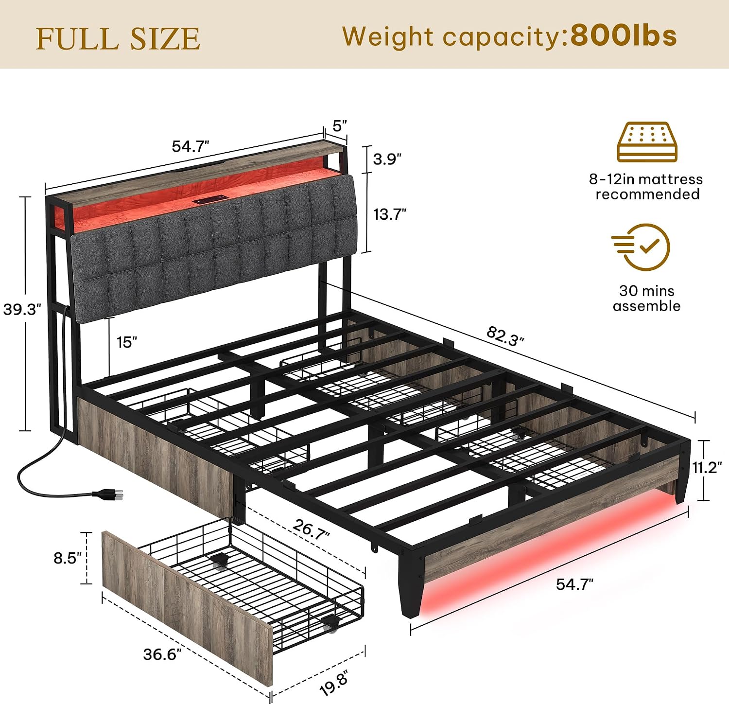 YITAHOME Full Size Bed Frame with RGB LED Lights and 4 Drawers, Upholstered Platform Bed with Charging Station and Storage Headboard, No Box Spring Needed, Noise-Free, Fast Assembly, Rustic Grey