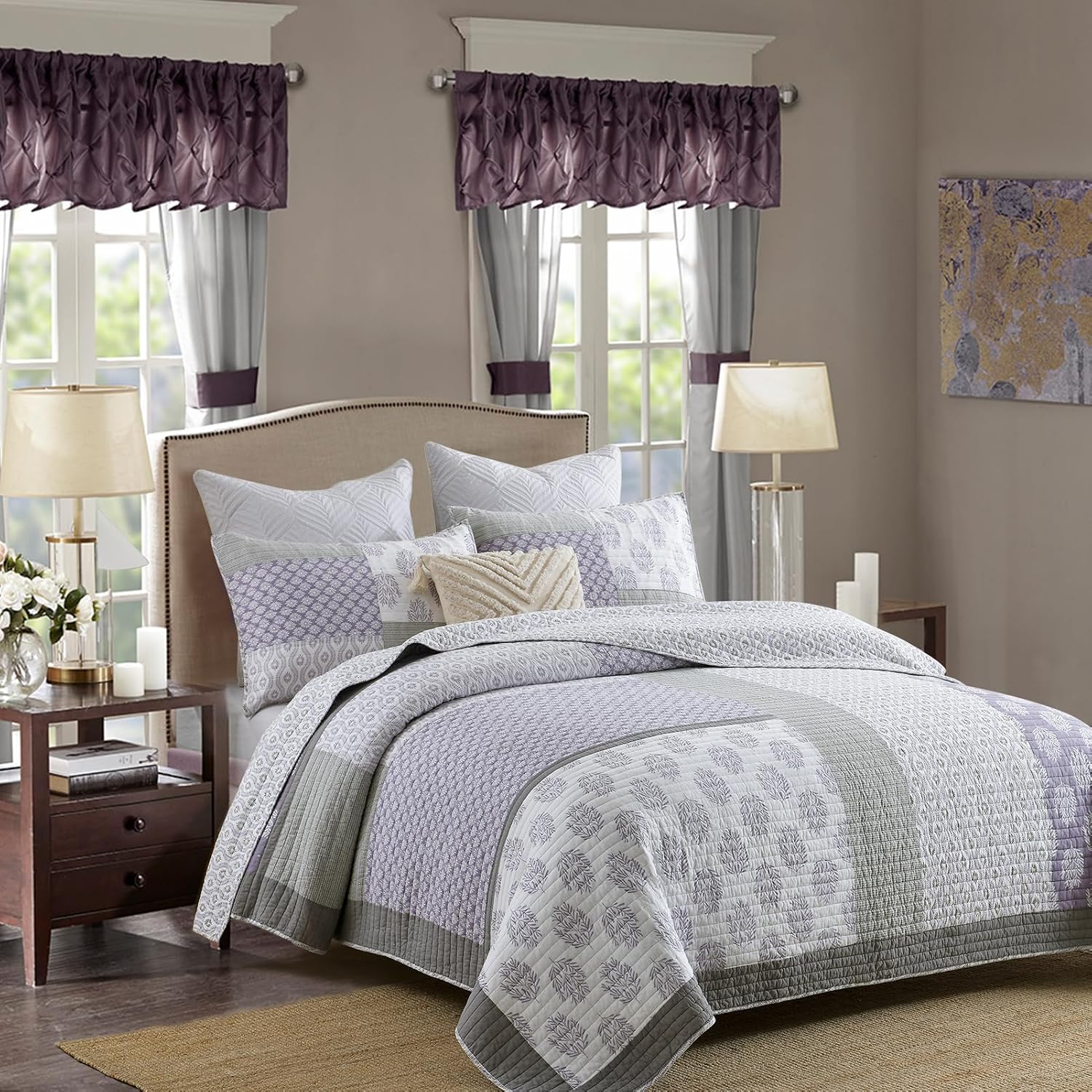Y-PLWOMEN Quilts Queen Size, 100% Cotton Lightweight Soft Queen Quilt, Purple Grey White Quilted Bedspread, Patchwork Reversible Quilt Bedding Set All Season, 3-Pieces