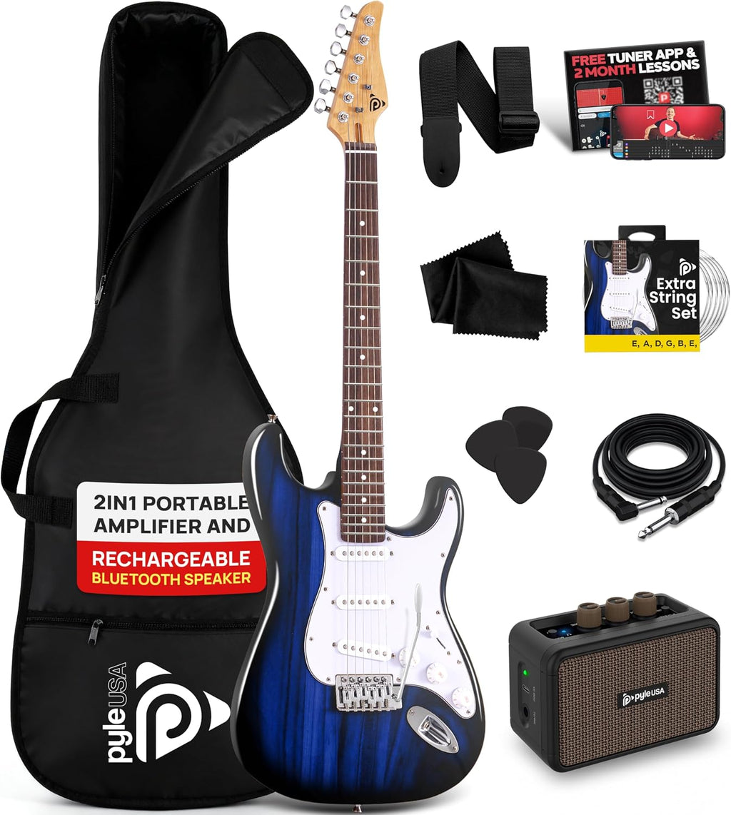 Pyle Electric Guitar and Amp Kit - Full Size 39' Complete Starter Kit with Wearable Bluetooth Amplifier, 1/4' Cable, Carry Case, Strap, Strings, Picks, Cleaning Cloth, ST-Style Pickups (Blue Burst)
