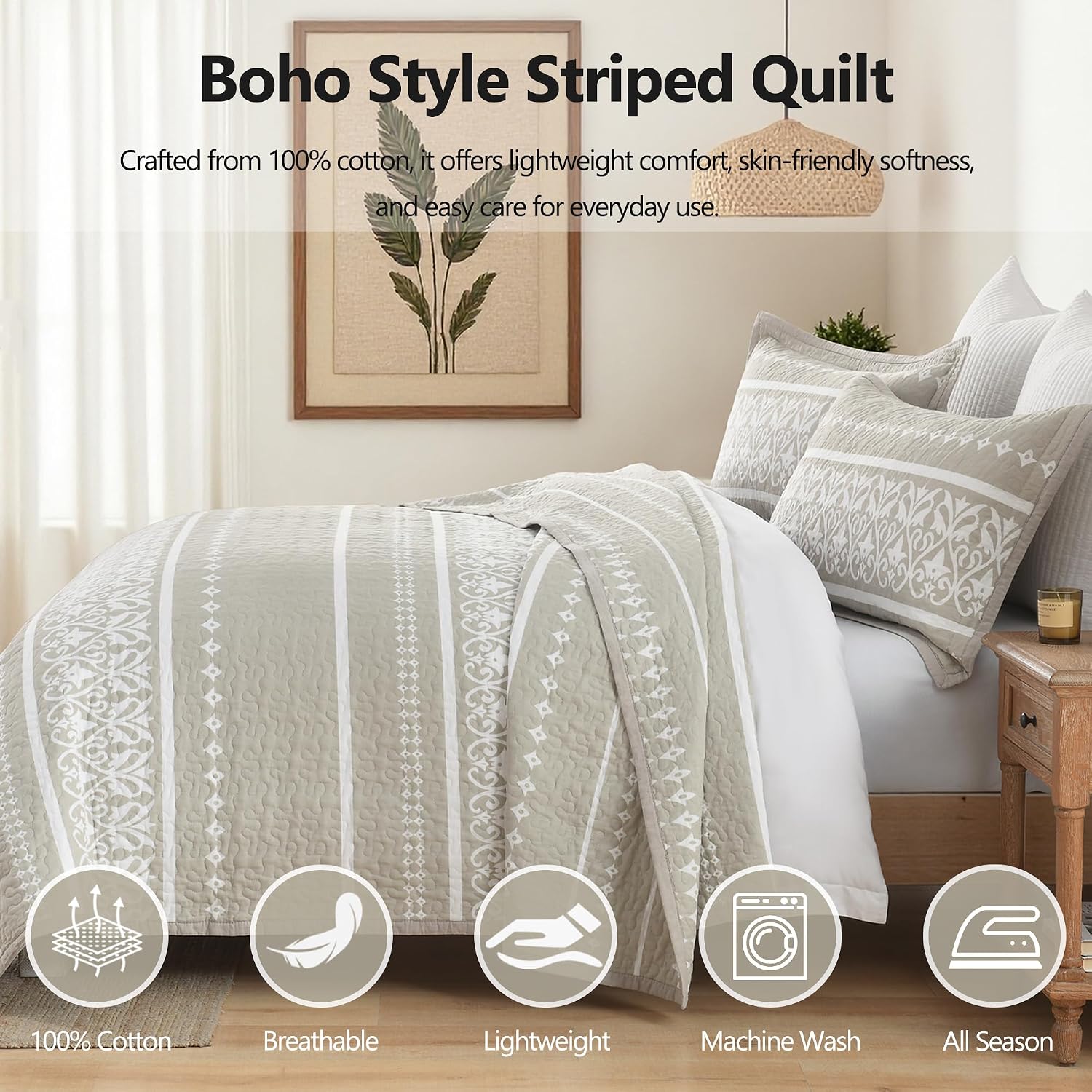100% Cotton Quilt Set King Size - Beige and White Boho Quilt Bedding Set - Bohemian Striped Quilt Set with 2 Shams - All-Season Lightweight Coverlet & Bedspread 3 Piece