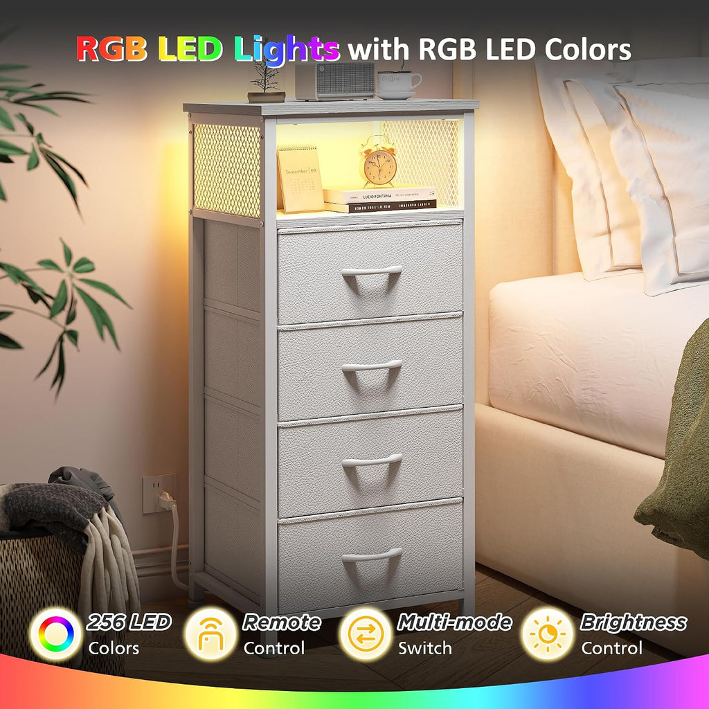 White Nightstand Set of 2,LED Night stand with Charging Station,Fabric Bedside Table for Bedroom, Hallway, Entryway, Living Room, Closet, Sturdy Steel Frame, Wood Top, Cloth Bags, Hooks, White
