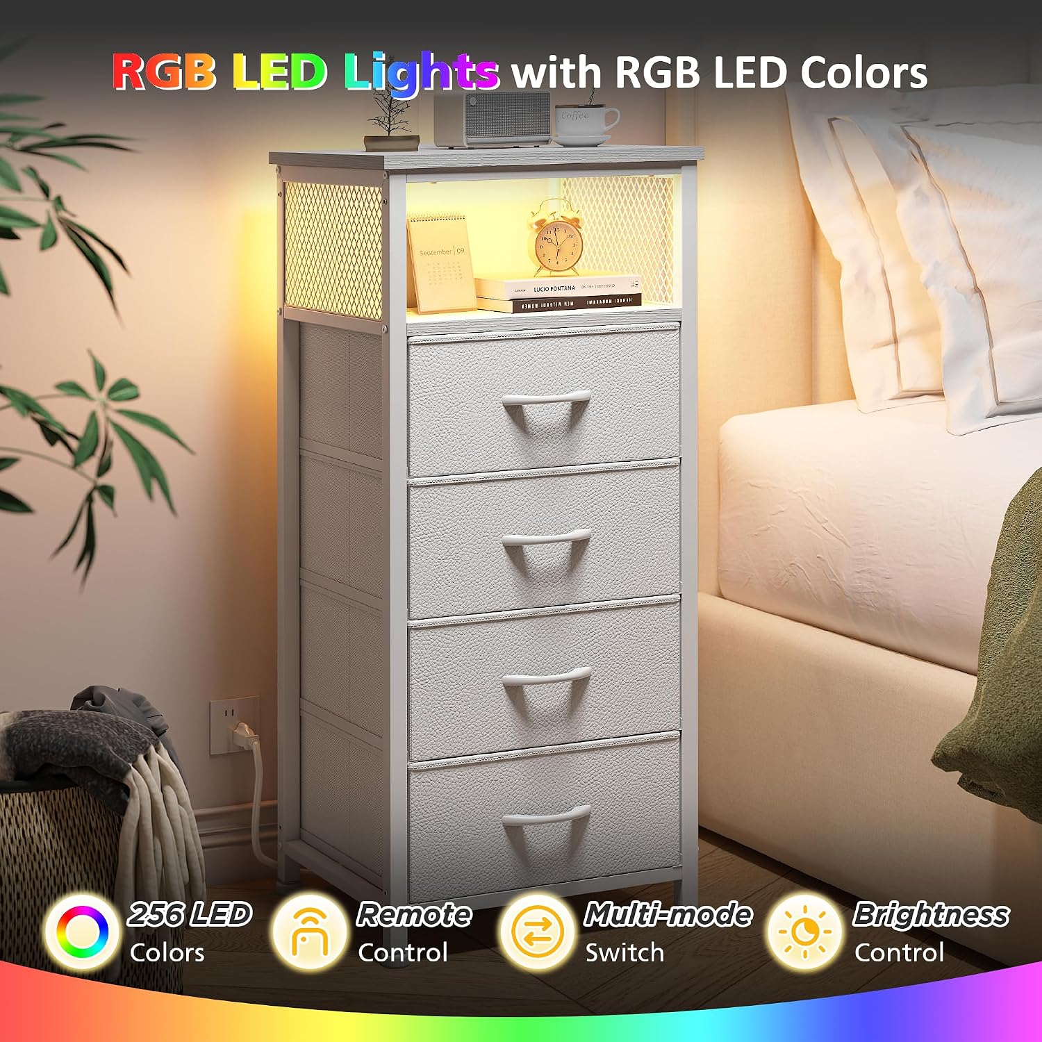 White Nightstand Set of 2,LED Night stand with Charging Station,Fabric Bedside Table for Bedroom, Hallway, Entryway, Living Room, Closet, Sturdy Steel Frame, Wood Top, Cloth Bags, Hooks, White