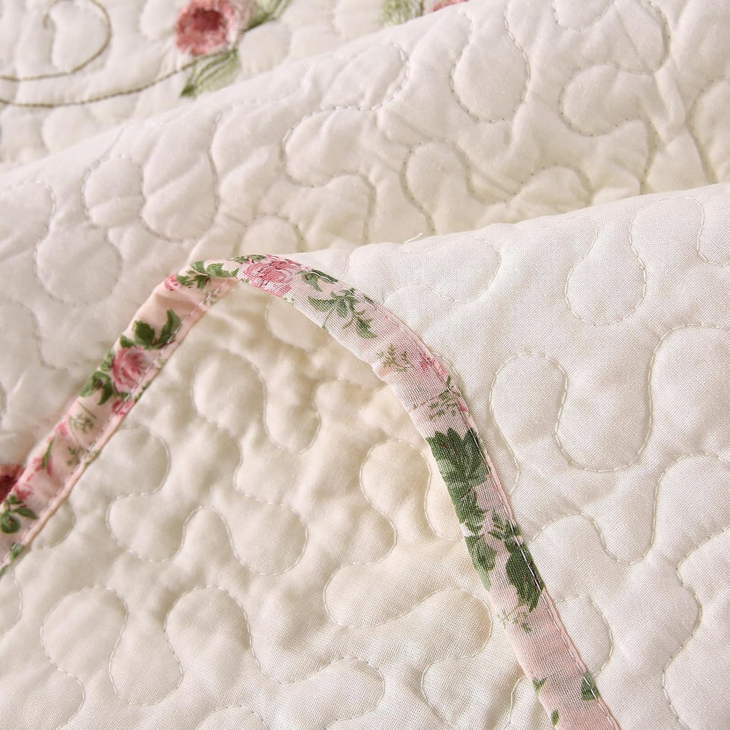 Quilt Set Floral Leaves 3D Embroidery Pattern 3 PCS Cotton Reversible Quilted Embroidered Decorative Bedspreads Coverlet Set, Lightweight &Soft Queen Size Beige Bedding Coverlet for All Season