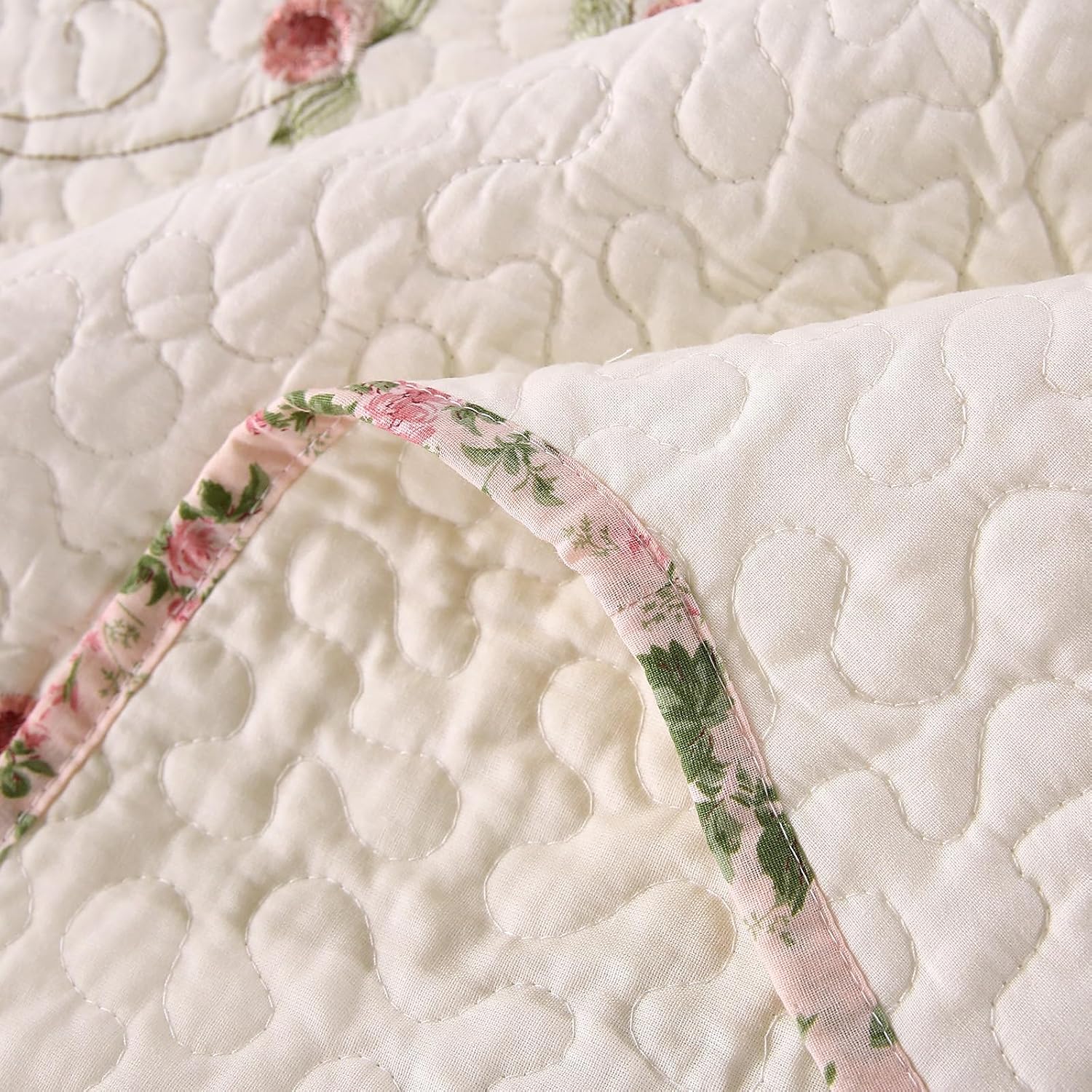 Quilt Set Floral Leaves 3D Embroidery Pattern 3 PCS Cotton Reversible Quilted Embroidered Decorative Bedspreads Coverlet Set, Lightweight &Soft Queen Size Beige Bedding Coverlet for All Season