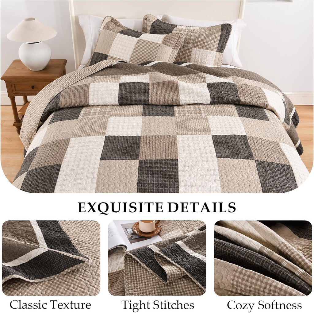 Plaid Bedspread 120'x120' Oversized King Bedspread, 100% Cotton California King Quilt with 2 Pillow Shams, Lightweight Farmhouse Quilted Bedspreads Coverlet Set, Brown/Beige/Cream, 3 Pcs