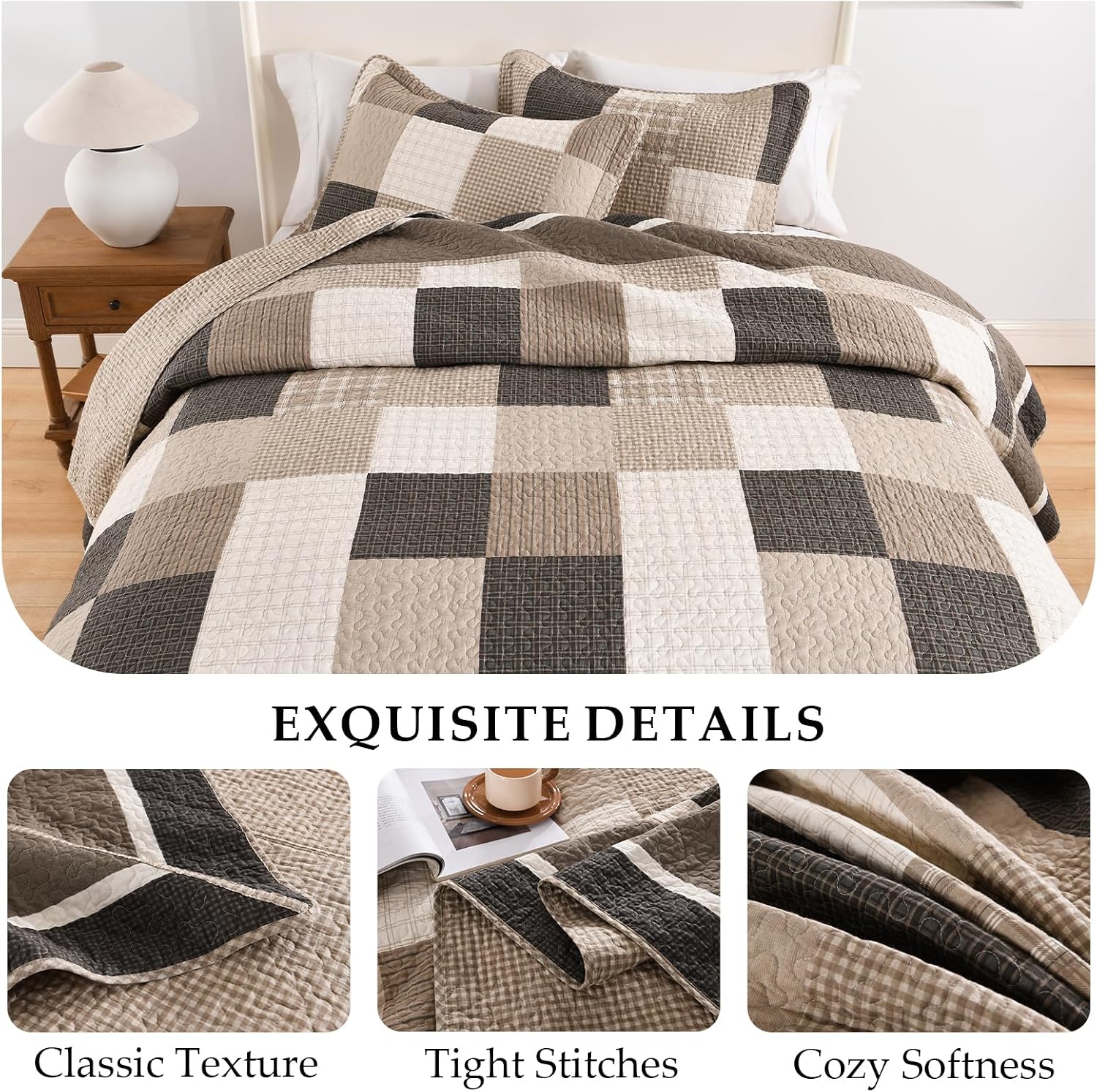 Plaid Bedspread 120'x120' Oversized King Bedspread, 100% Cotton California King Quilt with 2 Pillow Shams, Lightweight Farmhouse Quilted Bedspreads Coverlet Set, Brown/Beige/Cream, 3 Pcs