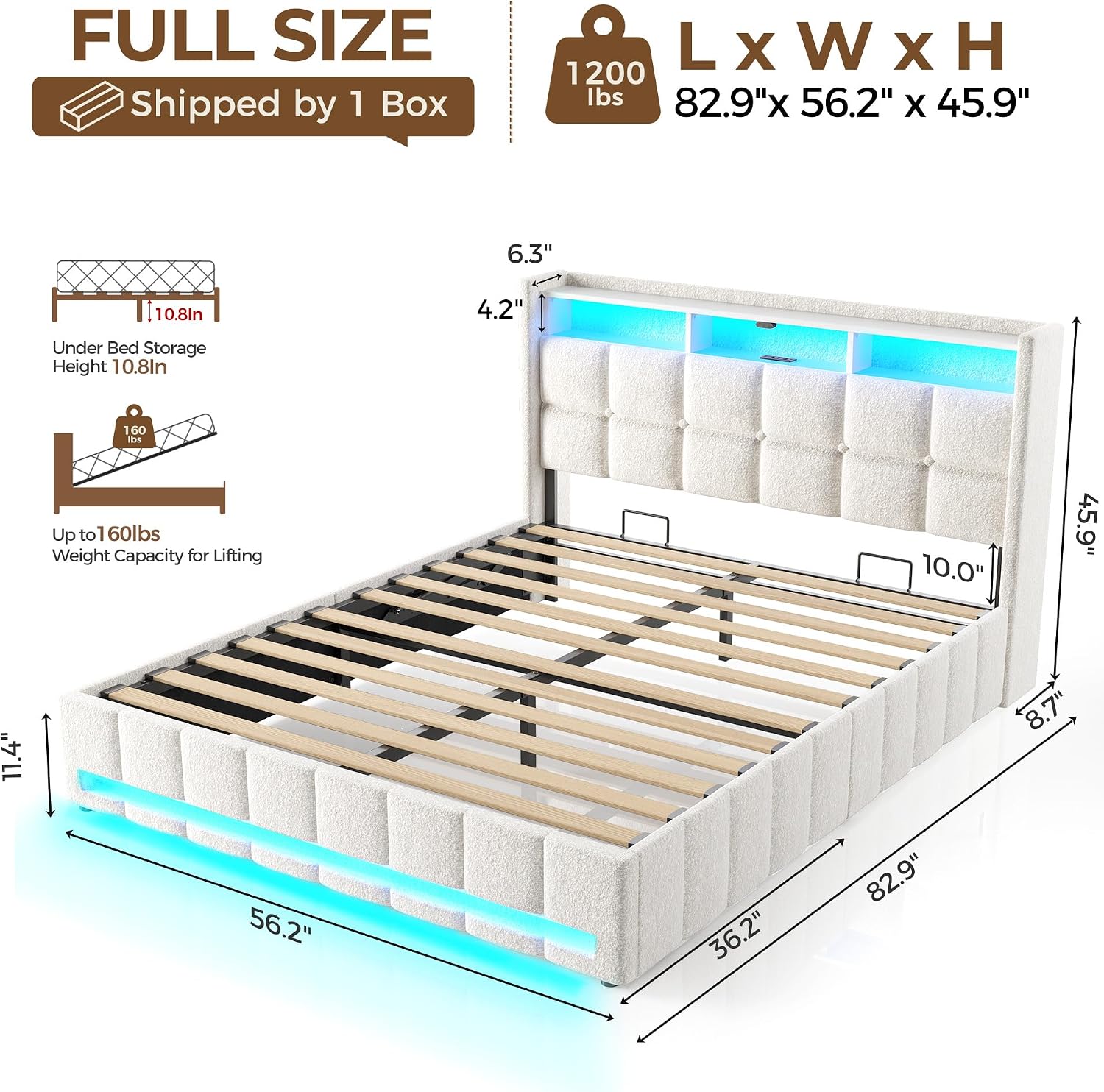 Rolanstar Bed Frame Full Size with Lift Up Storage, Charging Station & LED Lights, Upholstered Storage Headboard, Heavy Duty Wooden Slats, No Box Spring Needed, Noise Free, Easy Assembly, Beige