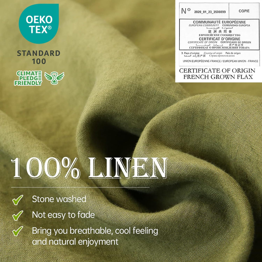 Simple&Opulence 100% Linen Sheet Set 4pcs Basic Style, Deep Pocket, Natural French Washed Flax Solid Color Soft Breathable Bed Sheets - Olive Green, Queen