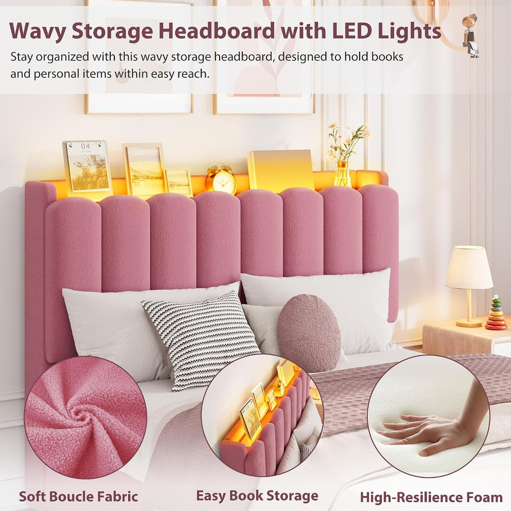 Garvee LED Full Size Bed Frame with Storage Headboard, Kids Bed Frame with 2 Drawers, Boucle Upholstered Platform Bed for Girls, Chic Wavy Headboard with Bookcase, No Box Spring Needed, Dark Pink