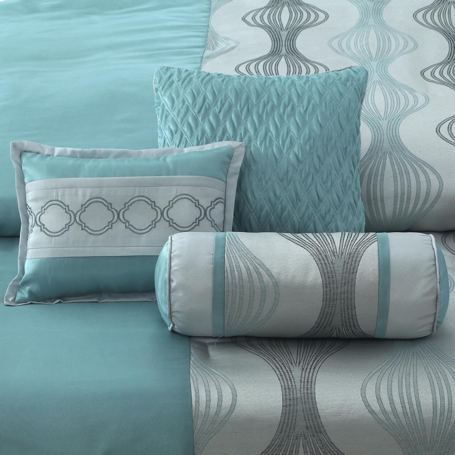 LANCO MODERN LIFESTYLE California King Comforter Set, Blue, 7 Pieces in a Bag, Ultra Soft Jacquard with Solid Piecework, Luxury Bed Set with Comforters, Bed Skirt, Pillow Shams and Decorative Pillows