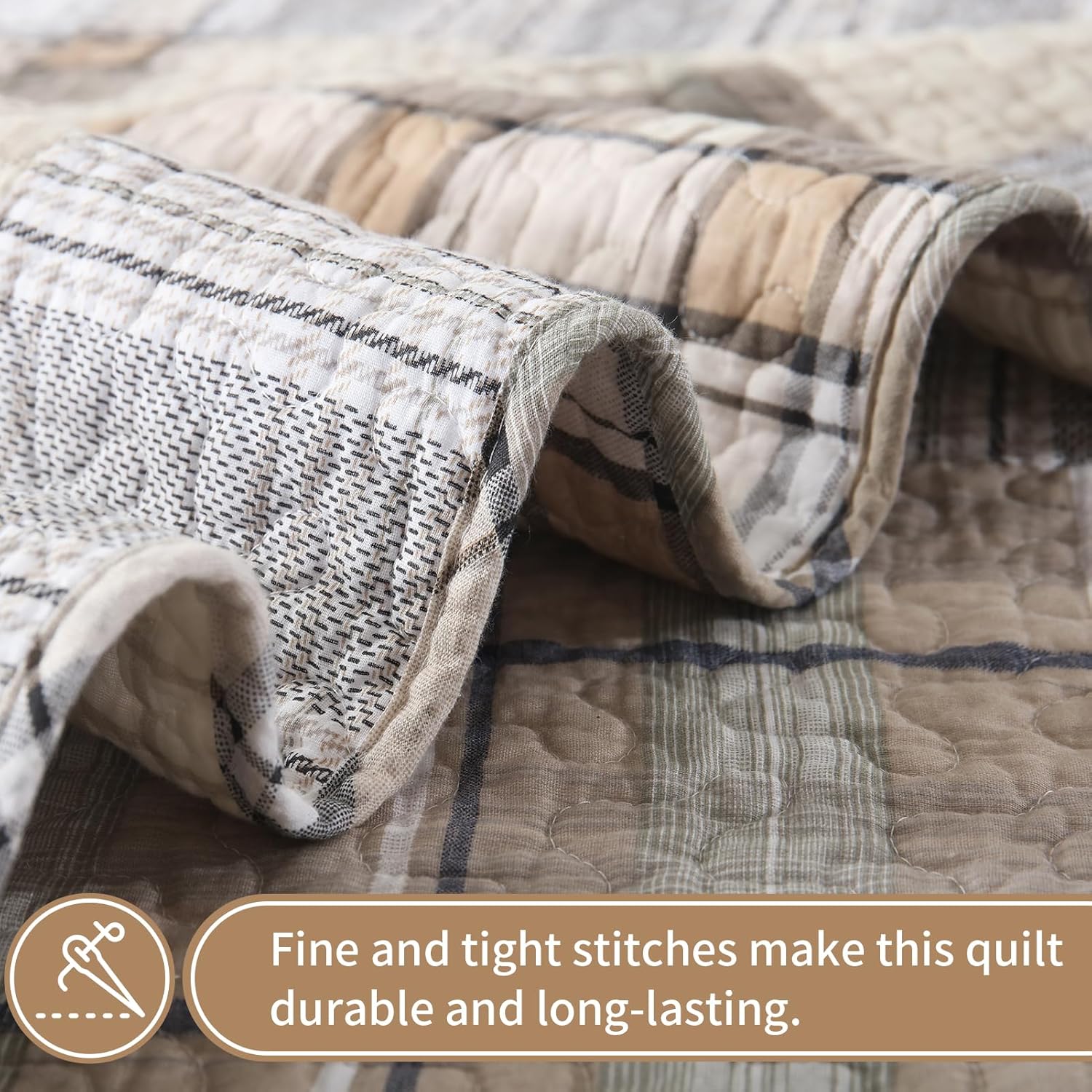 KALOOLA 100% Cotton Quilt Set King Size, Farmhouse Plaid Quilted Bedspread with 2 Pillow Shams, 3 Pieces Rustic Reversible Lightweight Bedding Coverlet for All Season, Brown/Beige/White