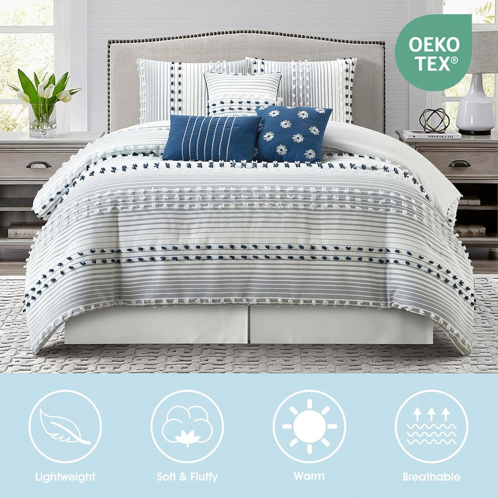 LANCO MODERN LIFESTYLE King Comforter Set, Blue, Jaquard Clip Striped Design, Elegant Soft 7 Pieces Bedding Set for All Seasons, Matching Bedskirt, Pillow Shams and Decor Pillows