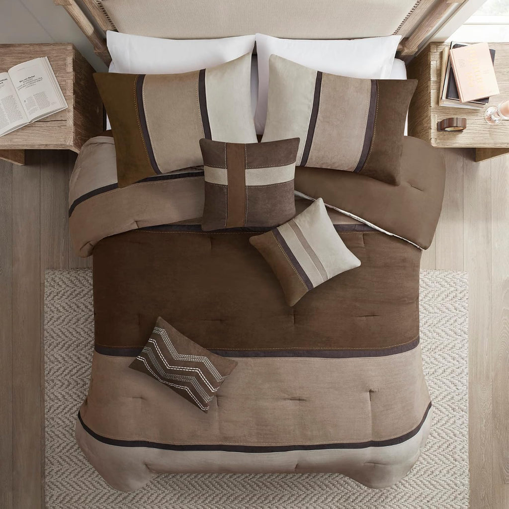 Madison Park Palisades Comforter Set Modern Faux Suede Pieced Stripe Design, All Season Down Alternative Cozy Bedding with Matching Shams, Decorative Pillows, Cal King(104'x92'), Brown 7 Piece