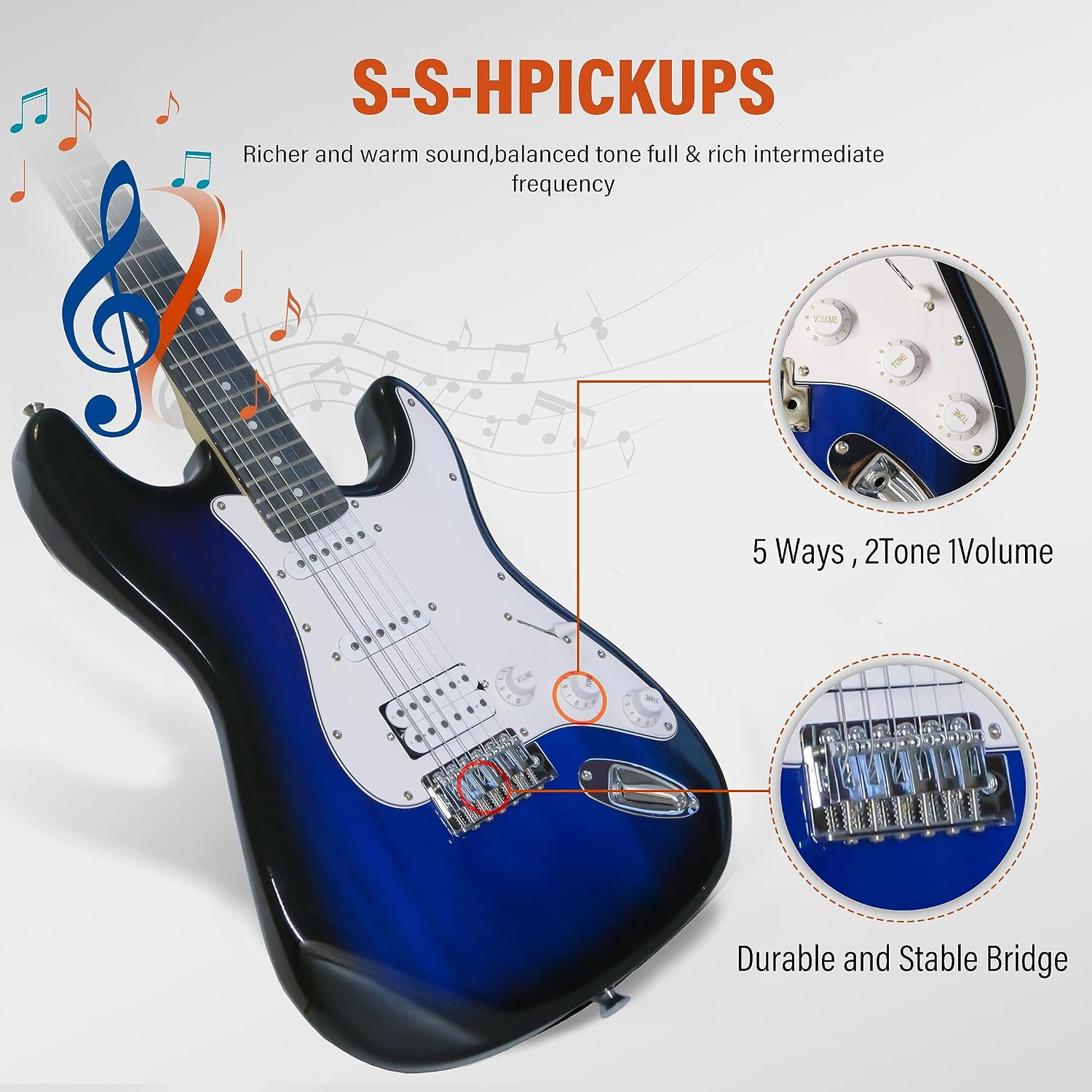 Ermik Solid Body Electric Guitar Kit with Amp 20W, Strings, Strap, Digital Tuner, Picks, Gig Bag, Cable, Tremolo Bar, 39' Full Size Guitar HSS Pickups Guitarra Electrica Beginner Gift - Blue
