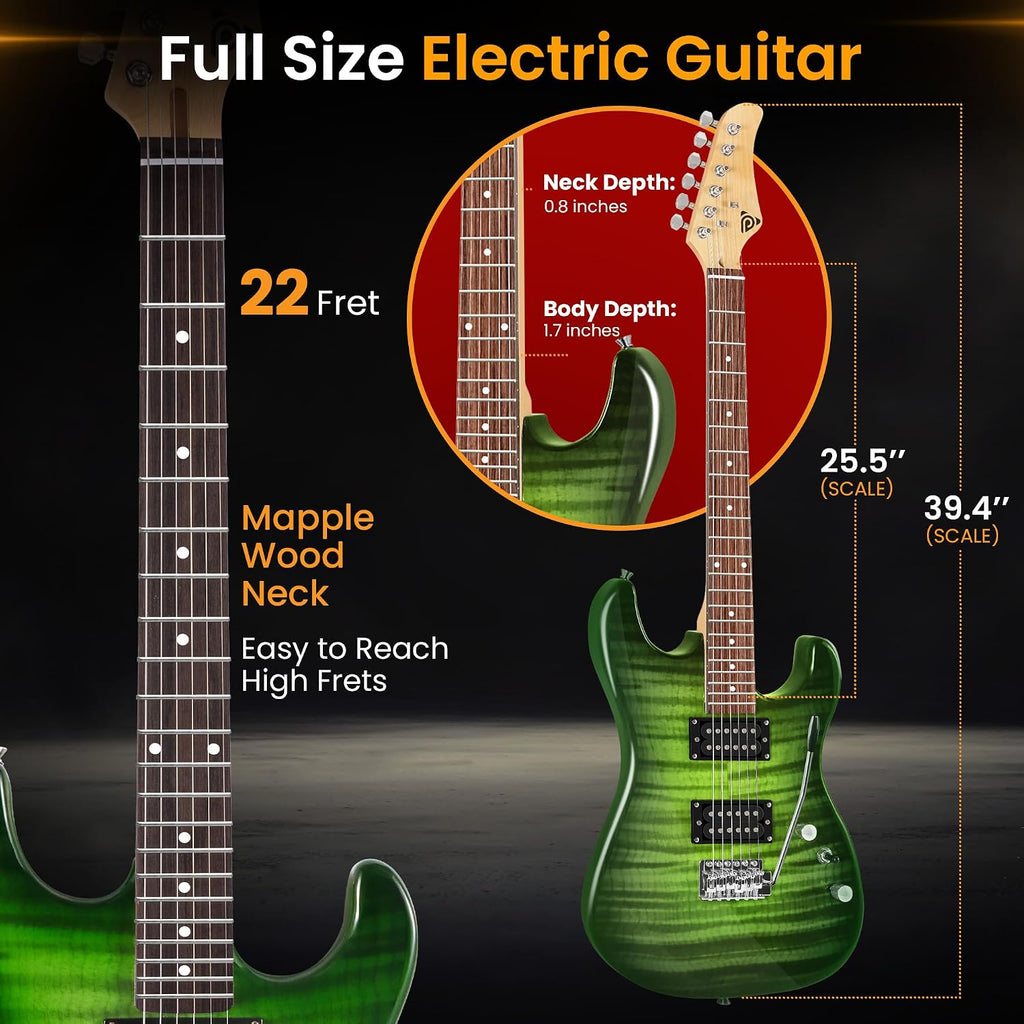 Pyle Electric Guitar Kit with Amp, Full Size Instrument with Humbucker Pickups, Guitarra Electrica Amplifier and Beginner Bundle Accessories, 39' Green