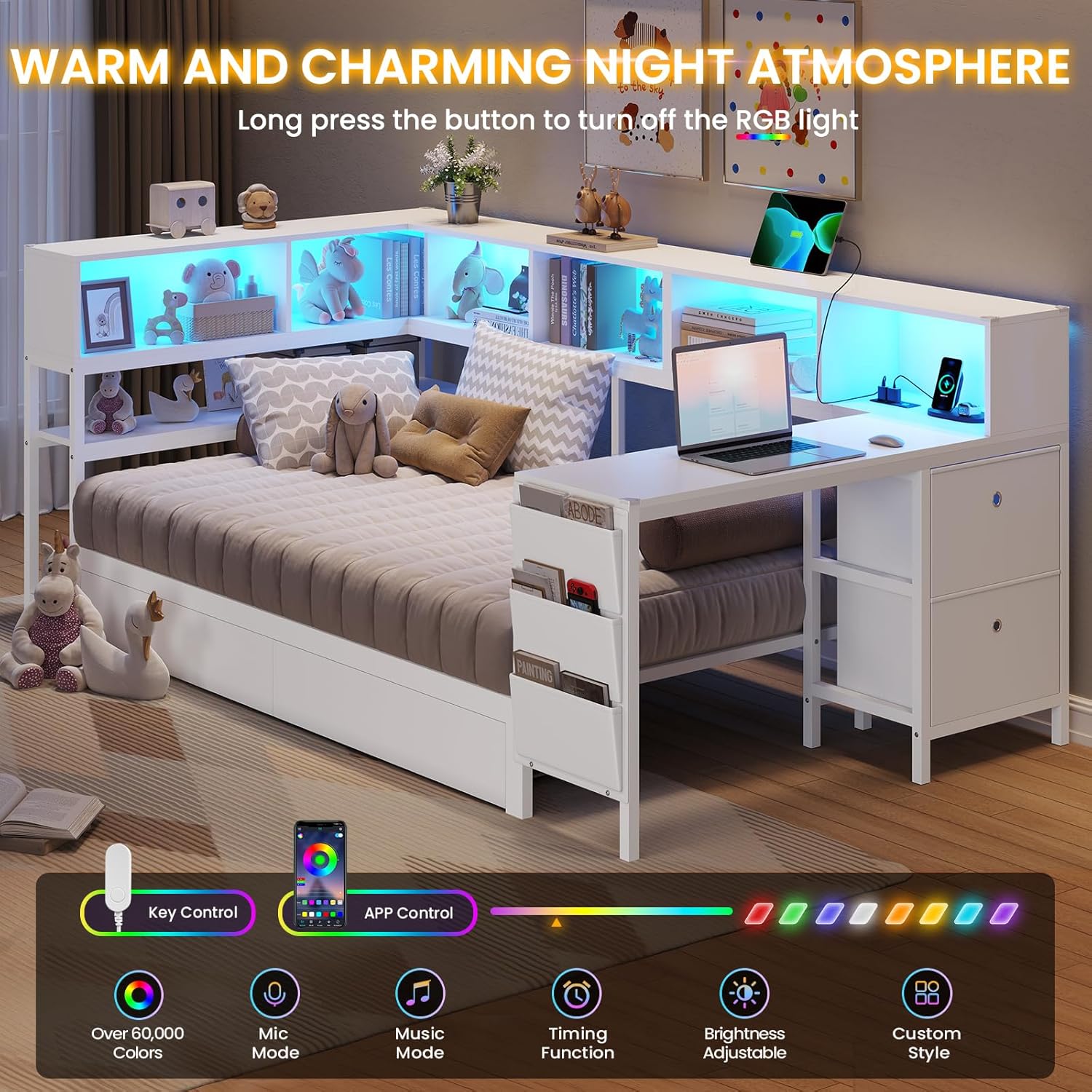 DICTAC Corner Twin Bed Frame with Desk,Charging Station and Bookcase Storage Metal Platform Bed Frame with Storage Drawers and Led Lights Twin Size Daybed with Desk and Shelves for Kids/Teen,White