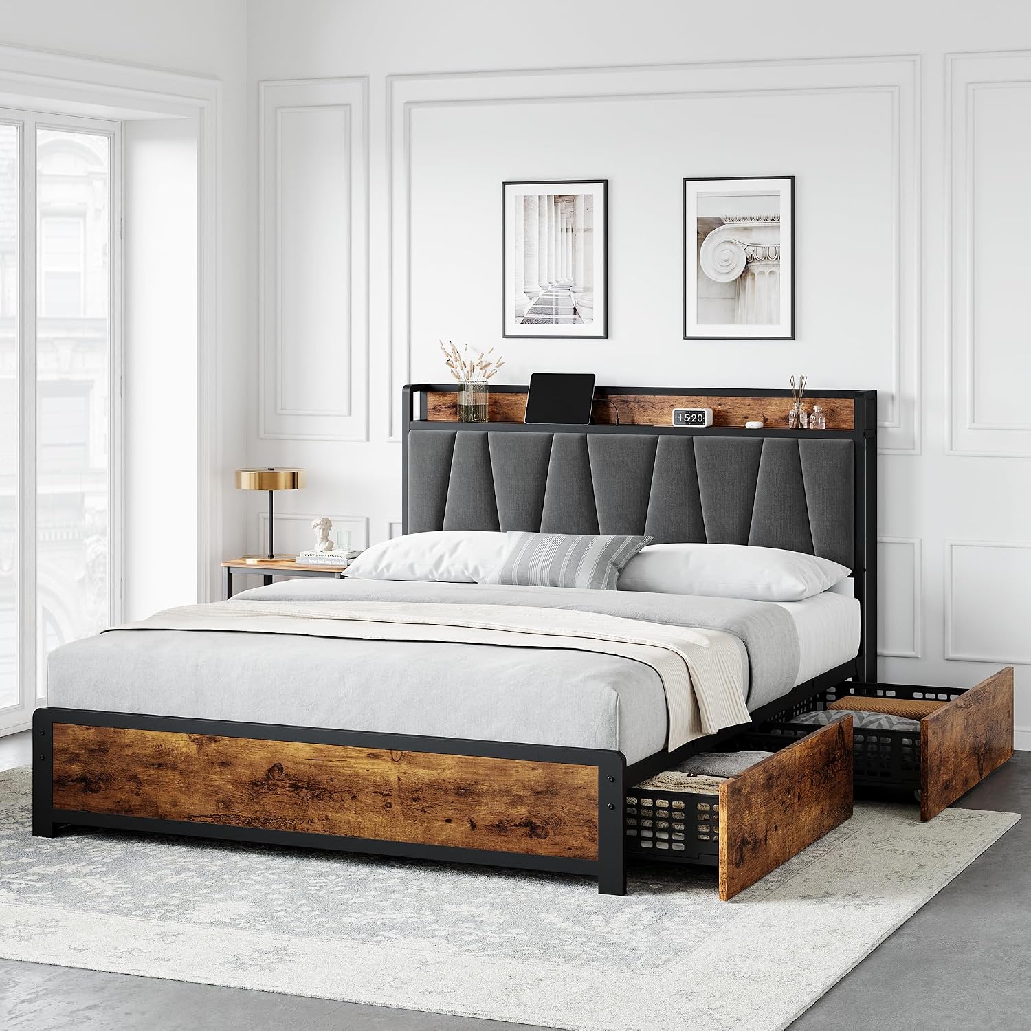 GarveeHome Queen Size Bed Frame with Storage Linen Upholstered Headboard, 4 Drawers Platform Bed Frame with Charging Station, No Box Spring Needed, Easy Assembly, Rustic Brown