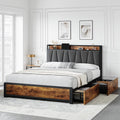 GAOMON Queen Size Bed Frame with Storage Linen Upholstered Headboard, 4 Drawers Platform Bed Frame with Charging Station, No Box Spring Needed, Easy Assembly, Vintage Brown