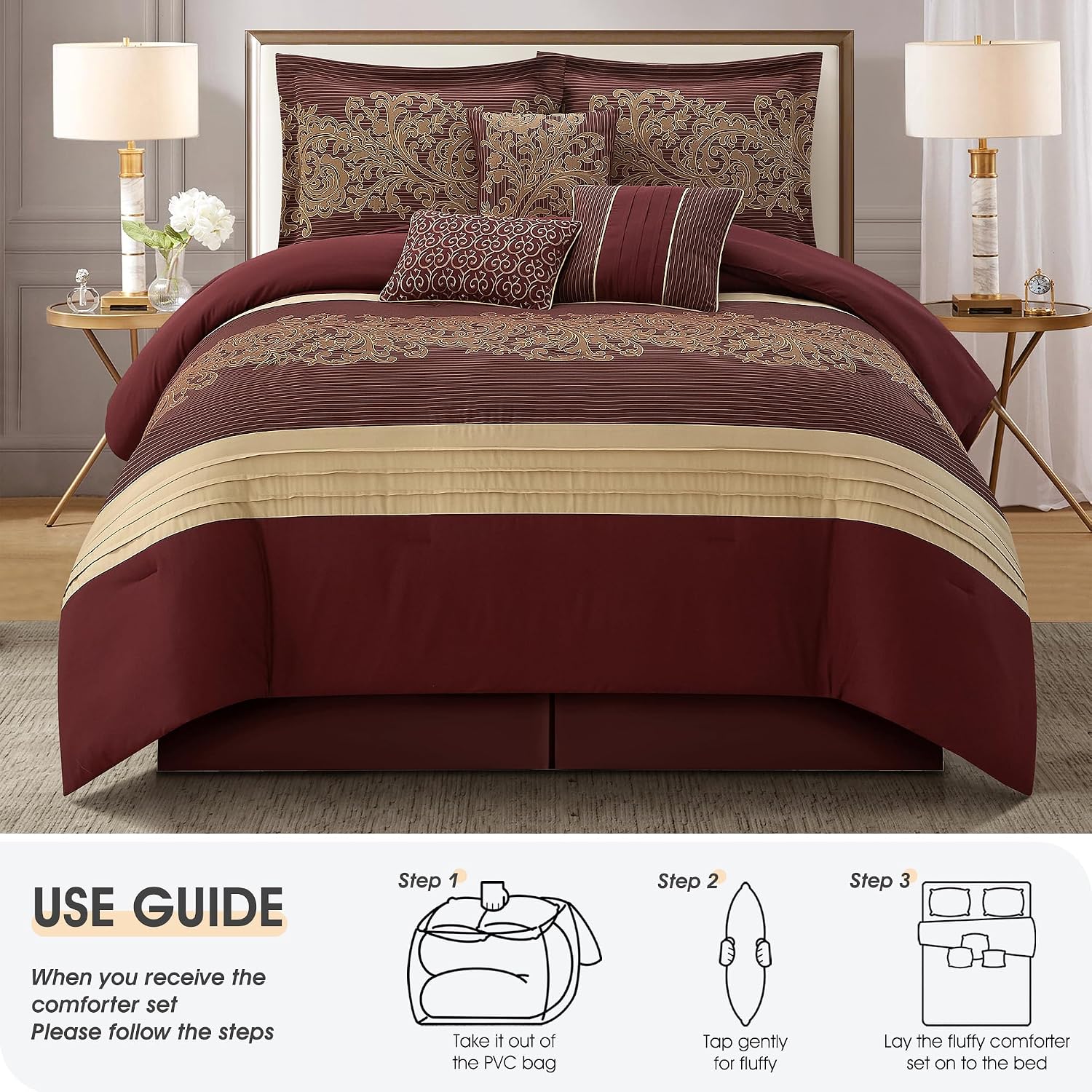LANCO MODERN LIFESTYLE Red Gold Comforter Set, California King, Damask Jacquard with Matching Solid Piece Work, 7 Piece Soft Bedding Set for All Season, Bed Skirt, Pillow Shams and Decorative Pillows