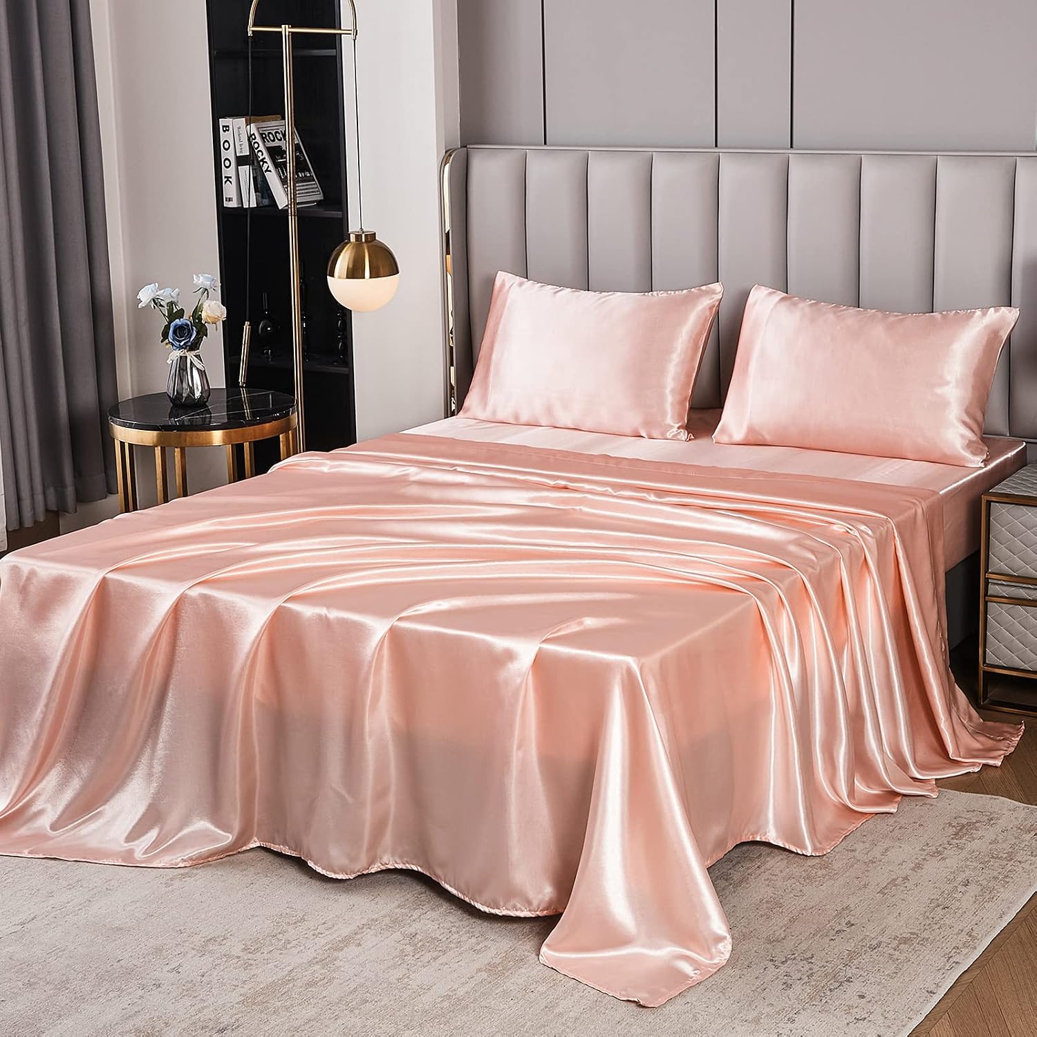 Herside Pink Satin Comforter Set 7 Pieces King Size Bed in a Bag Luxurious Satin Bedding Set with Comforter Pillowcases and Sheets Sets Mini Pompoms Design Super Soft Silky Bed Set for All Seasons