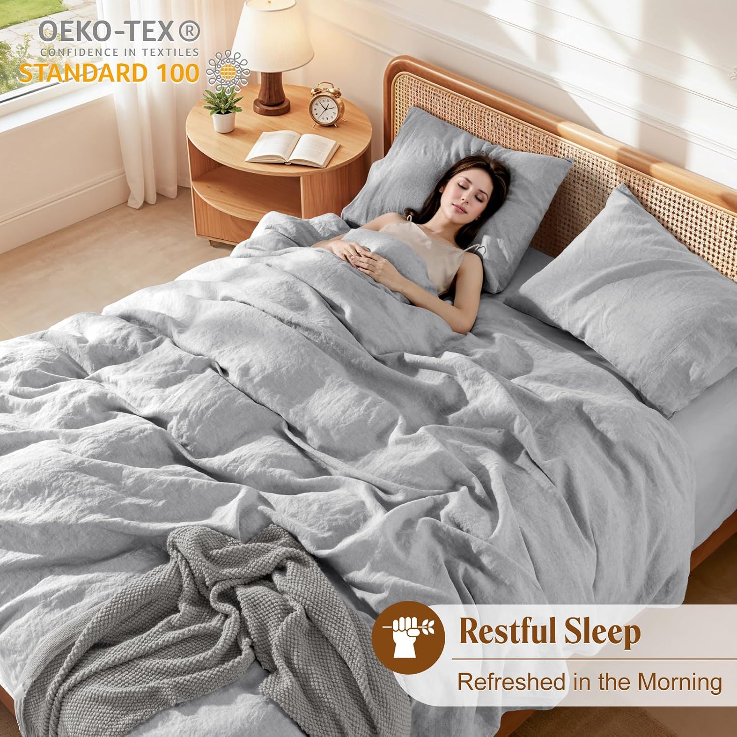LBRO2M 100% France Linen Duvet Cover Set 3 Pcs Flax Comforter Cover with Zipper Closure 2 Pillowcase 1 Breathable Duvet Cover California King Size Gray