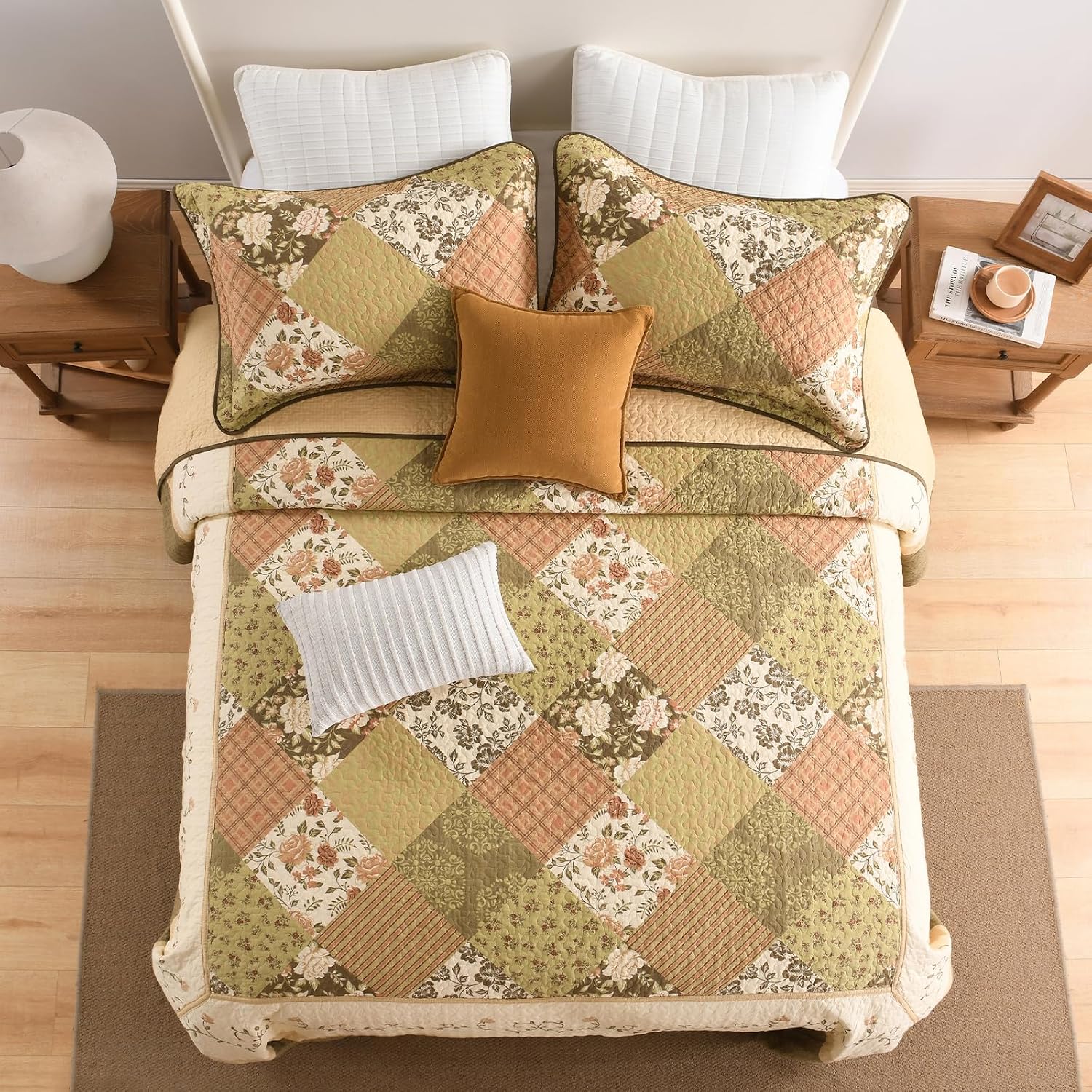 Floral Bedspread 120'x120' Oversized King Bedspread, 100% Cotton California King Quilt with 2 Pillow Shams, Lightweight Farmhouse Quilted Bedspreads Coverlet Set, Brown, 3 Pcs