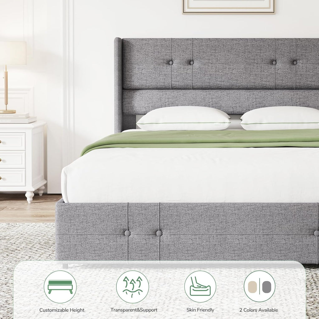 Novilla Queen Size Bed Frame Platform with 4 Storage Drawers and Fabric Upholstered Headboard, Strong Wooden Slats, Non-Slip and Noise-Free Queen Bed Frame, Easy Assembly, Grey