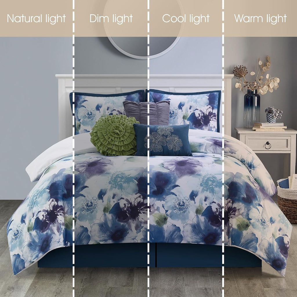 Stratford Park Colorful 7 Piece Comforter Set, Blue/Purple, Bed Size King, Wonderful, Matching Bedskirt, Pillows & Shams