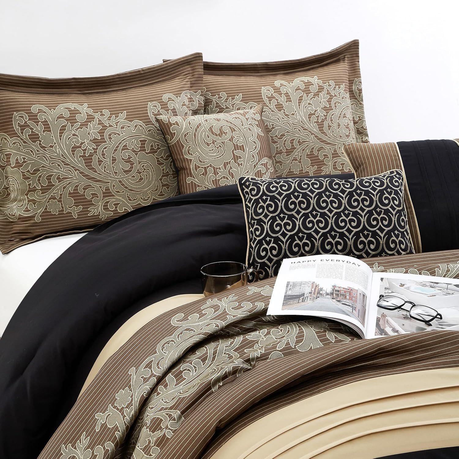 Stratford Park Black/Gold Comforter Set Queen Size, 7 Piece, Bedding Comforters & Sets, Pillow Shams Bedskirt, Jacquard Bedding Set, All Season