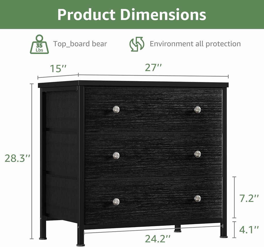 BOLUO Black Nightstands Set of 2, Large Night Stand Fabric 3 Drawer Dresser for Bedroom Closet,Girls Modern