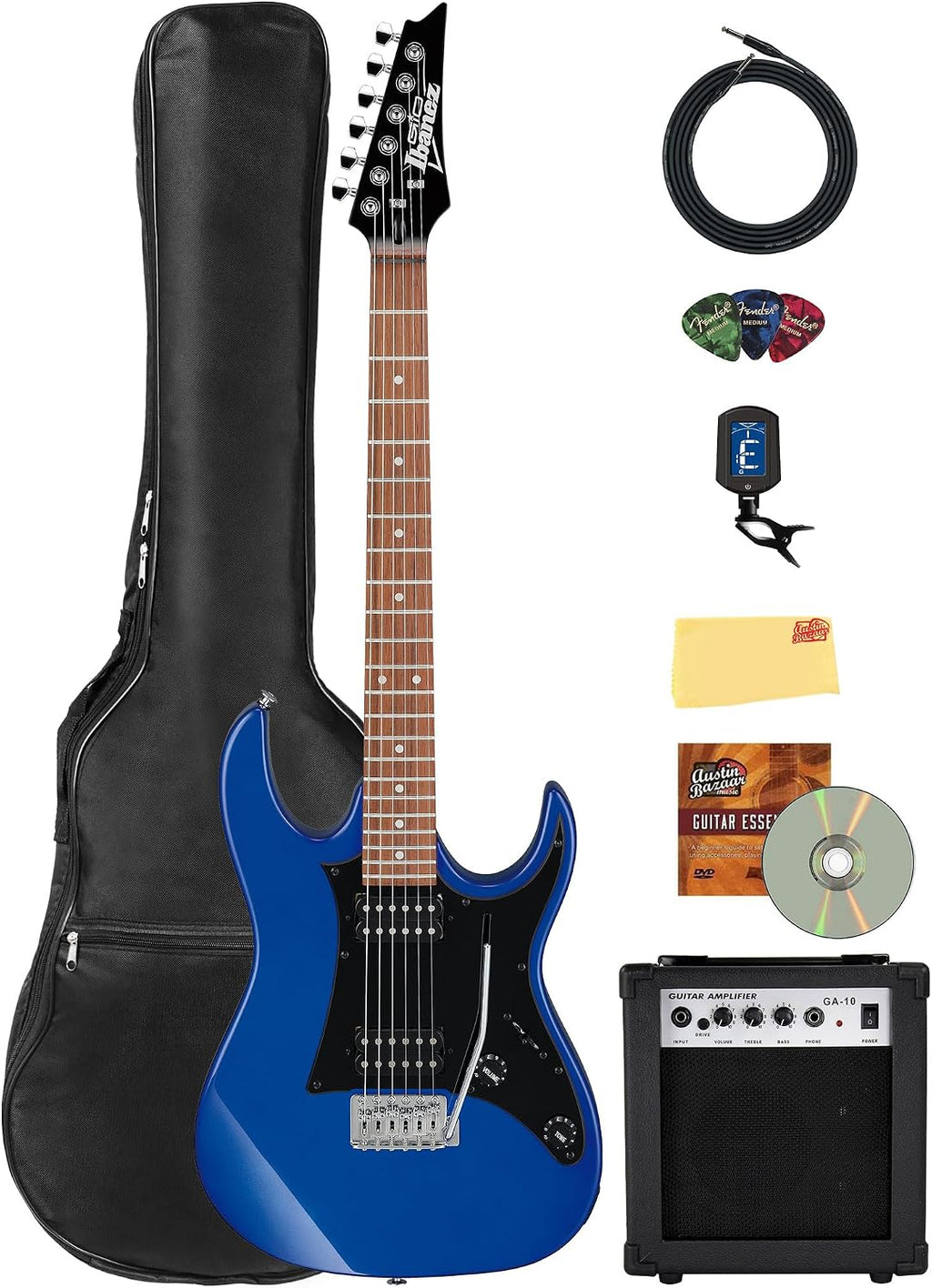 Ibanez GRX20Z RG Gio Electric Guitar - Jewel Blue Bundle with Amp, Gig Bag, Tuner, Instrument Cable, Picks, Austin Bazaar Instructional DVD, and Polishing Cloth