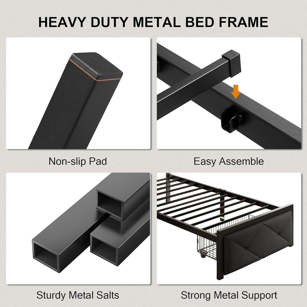 Einhomn Full Size Bed Frame with 2 Storage Drawers, Metal Platform Bed with Charging Station, Upholstered Linen Button Tufted Storage Headboard, No Box Spring Needed, Easy Assembly, Noise Free, Black