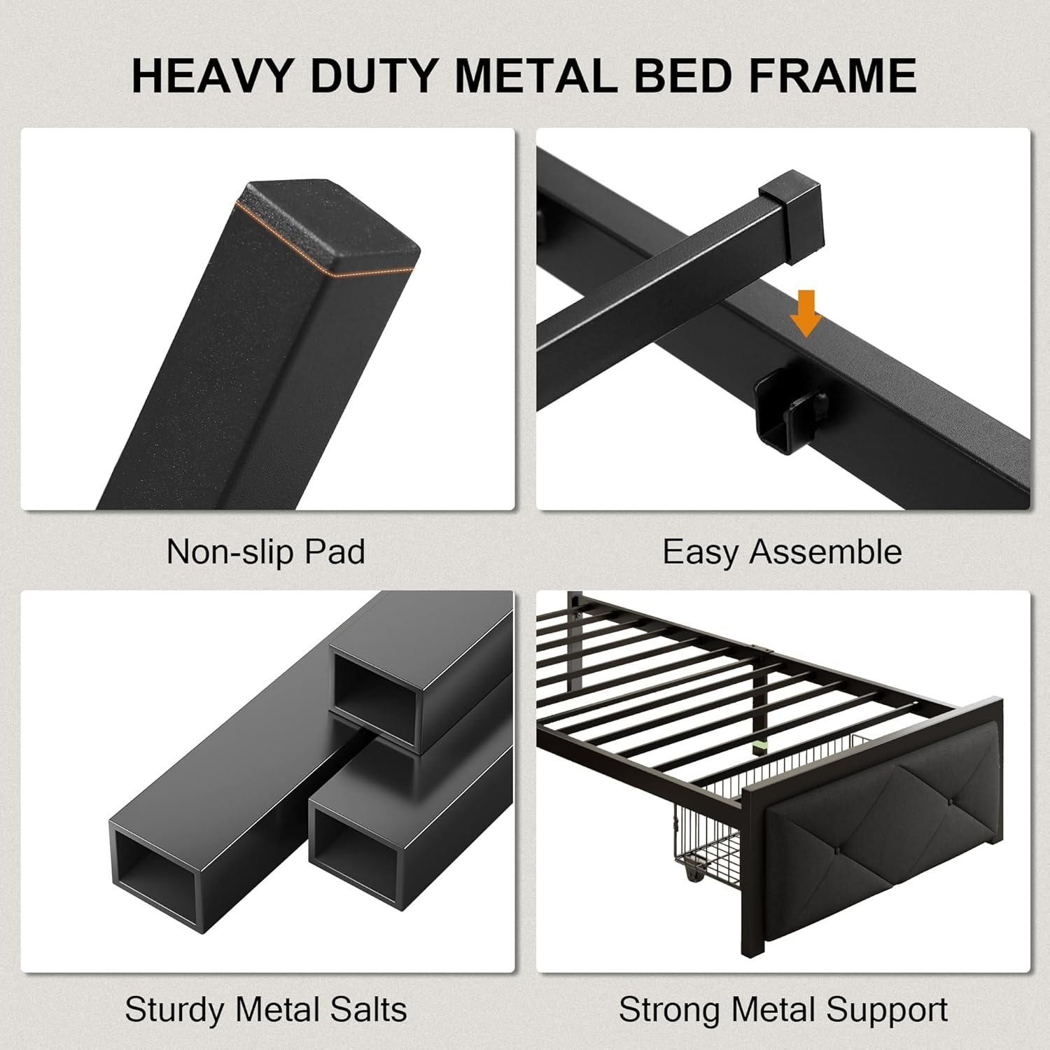 Einhomn Full Size Bed Frame with 2 Storage Drawers, Metal Platform Bed with Charging Station, Upholstered Linen Button Tufted Storage Headboard, No Box Spring Needed, Easy Assembly, Noise Free, Black