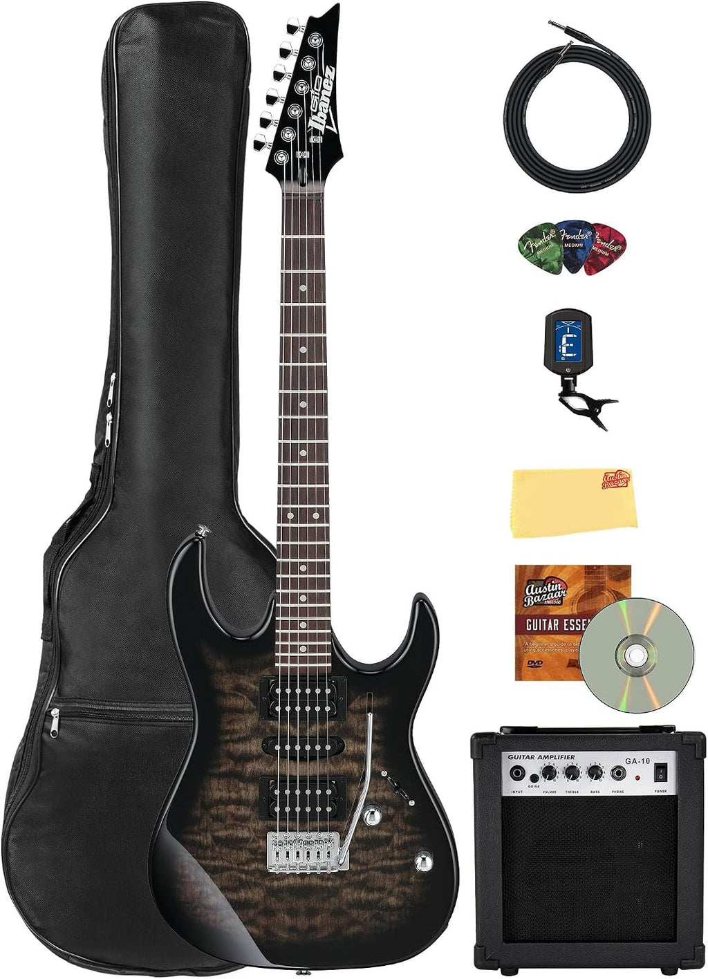 Ibanez GRX70QA RG Gio Electric Guitar - Transparent Black Sunburst Bundle with Amp, Gig Bag, Tuner, Instrument Cable, Picks, Austin Bazaar Instructional DVD, and Polishing Cloth