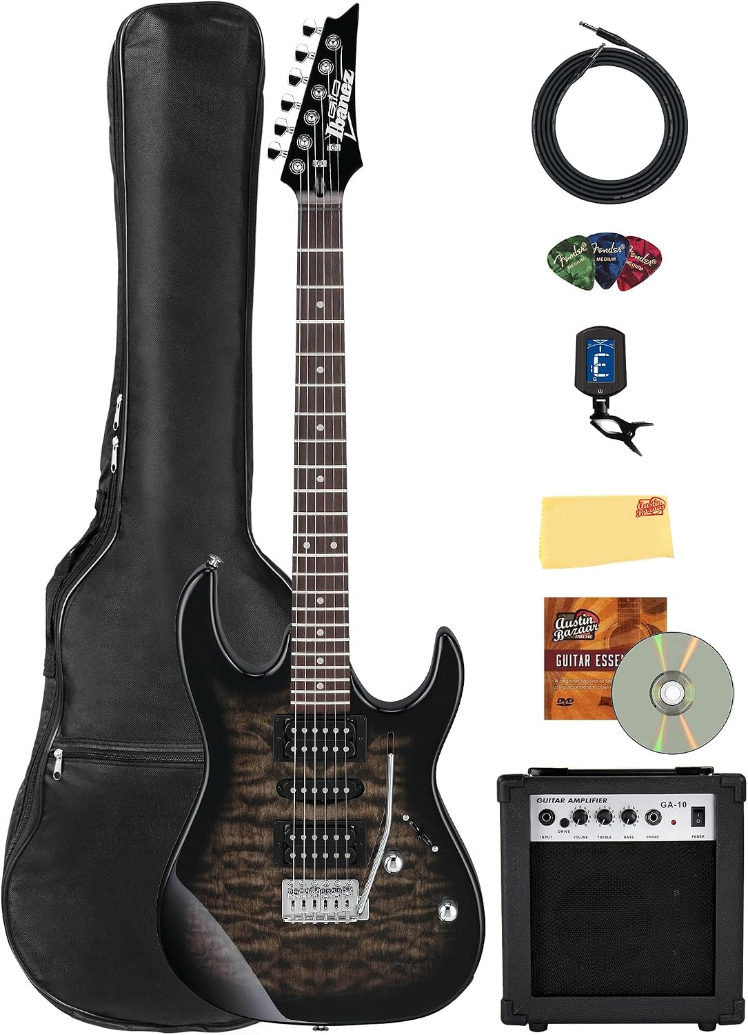 Ibanez GRX70QA RG Gio Electric Guitar - Transparent Black Sunburst Bundle with Amp, Gig Bag, Tuner, Instrument Cable, Picks, Austin Bazaar Instructional DVD, and Polishing Cloth