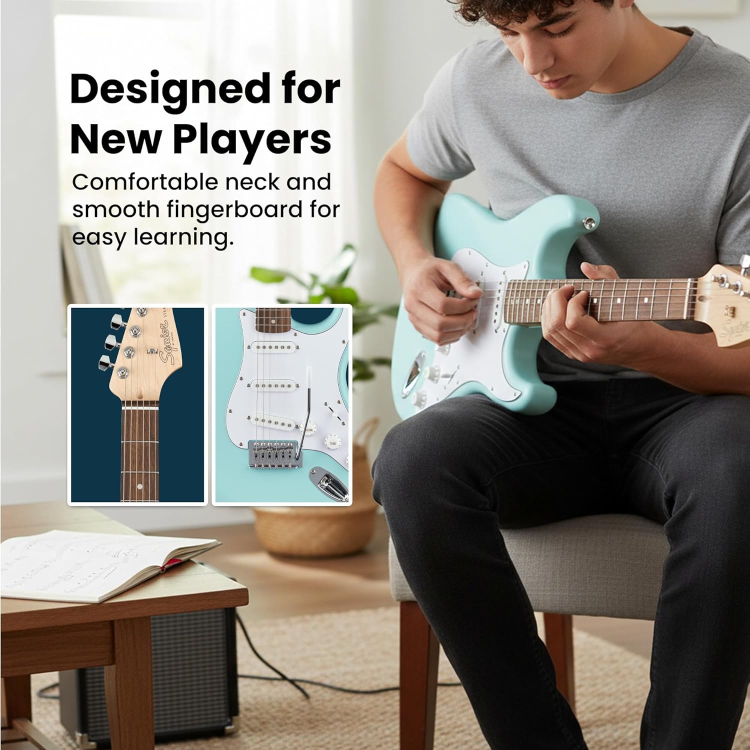 Fender Squier Stratocaster Electric Guitar - Daphne Blue Bundle with Amplifier, Gig Bag, Cable, Strap, Picks, and Austin Bazaar Instructional Video