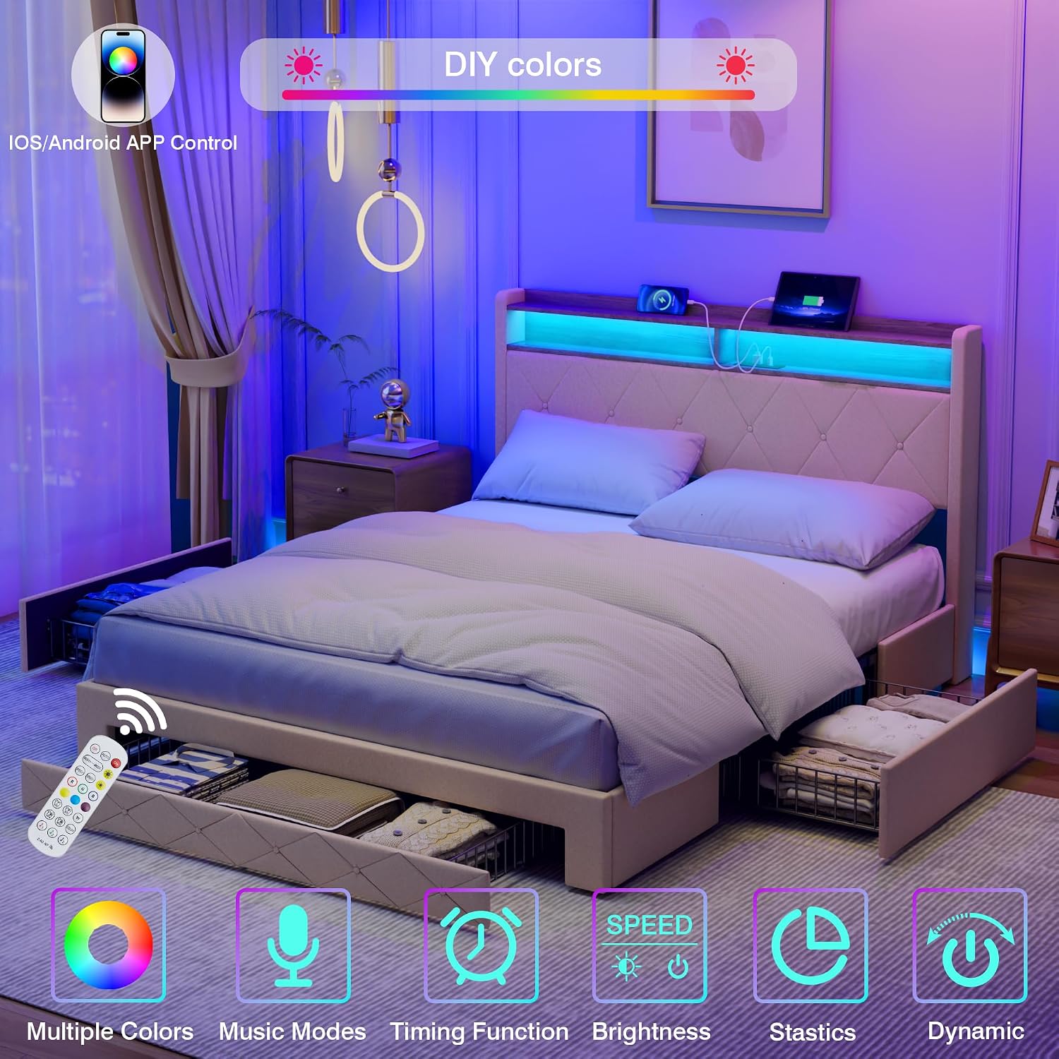 VECELO Velvet Full Size Upholstered Bed Frame with Headboard, Sturdy Platform Full Bed Frame with 3 Capacious Drawers, LED Light, Charging Station, USB Ports, Quiet, Easy Assembly, Beige