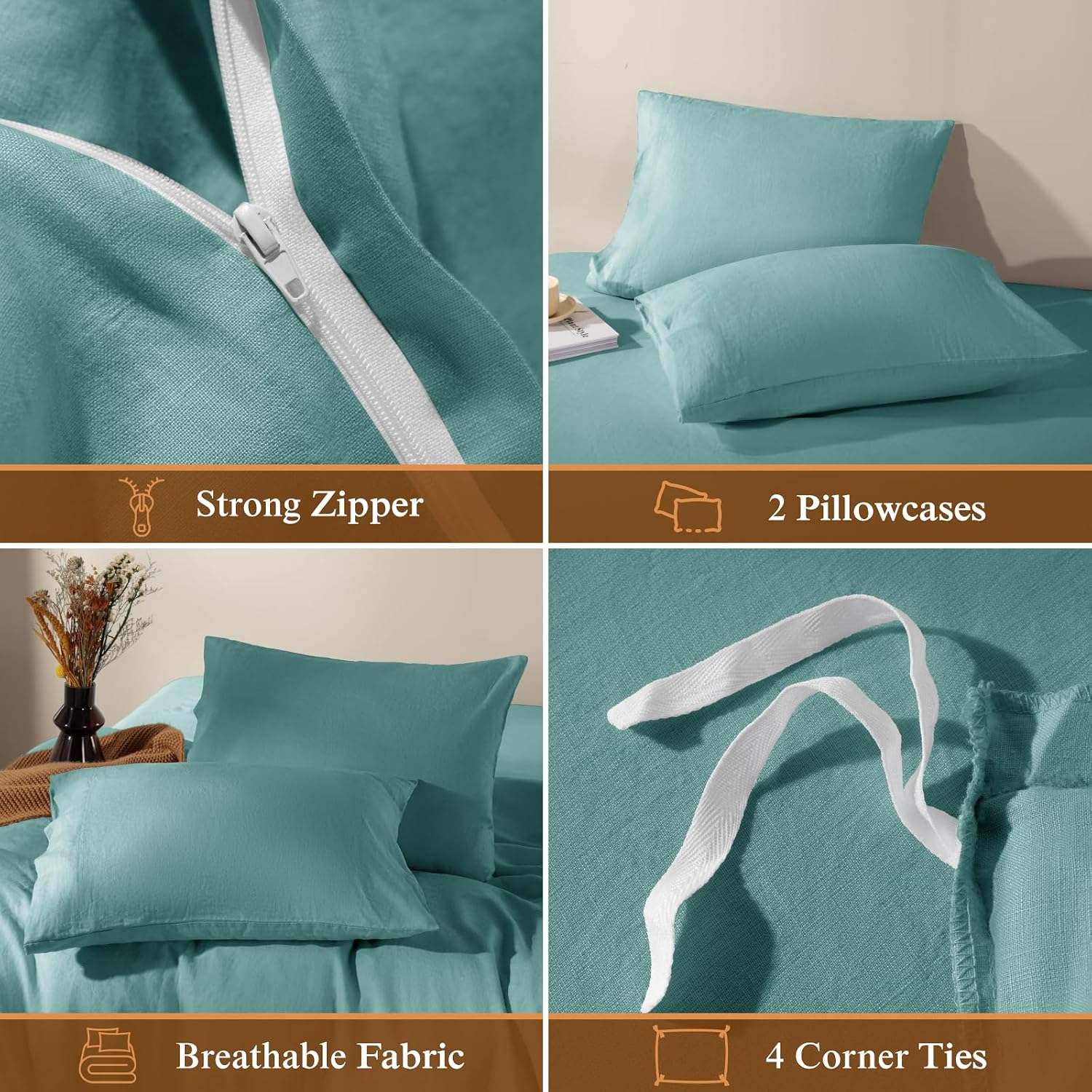 LBRO2M 100% France Linen Duvet Cover Set 3 Pcs Natural Flax Duvet Cover Set 2 Pillowcase 1 Duvet Cover with Zipper (Aqua California King)
