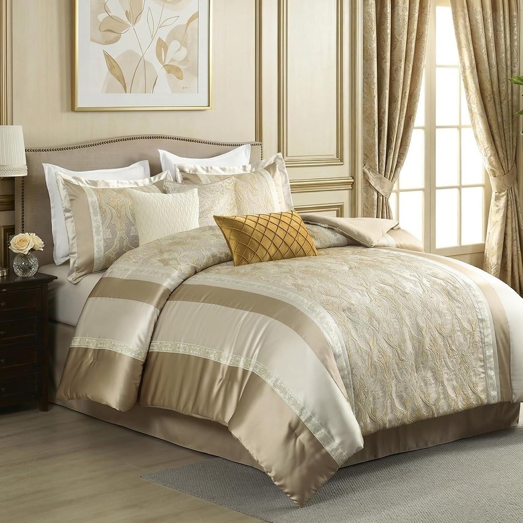CozyDH Luxury Comforter Set King Size, Champagne Beige - 7 Piece Bed in a Bag Jacquard Vintage Floral Damask, All Season Down Alternative Bedding with Bed Skirt, Shams, Decorative Pillows, 104x90 in