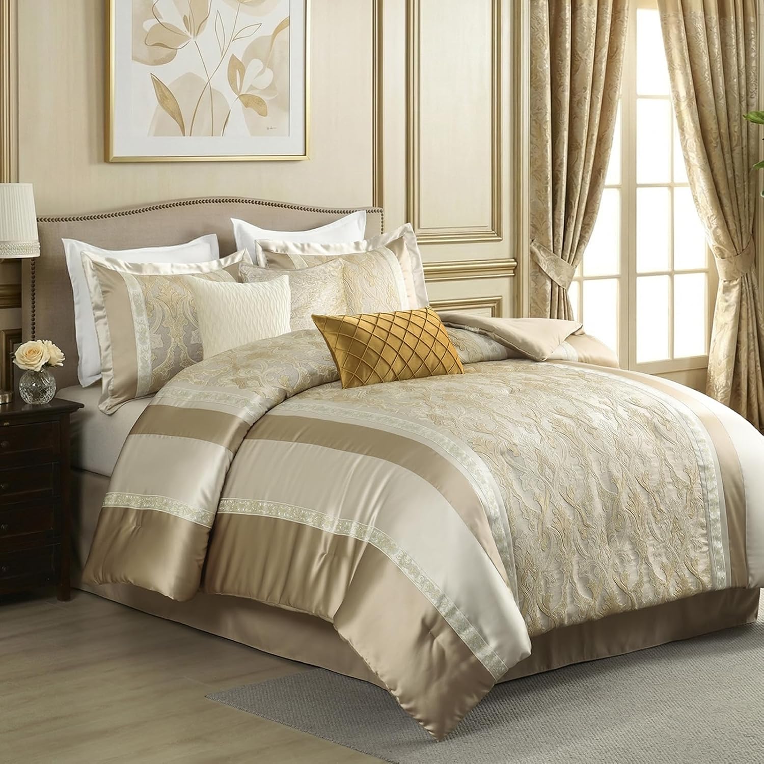 CozyDH Luxury Comforter Set King Size, Champagne Beige - 7 Piece Bed in a Bag Jacquard Vintage Floral Damask, All Season Down Alternative Bedding with Bed Skirt, Shams, Decorative Pillows, 104x90 in