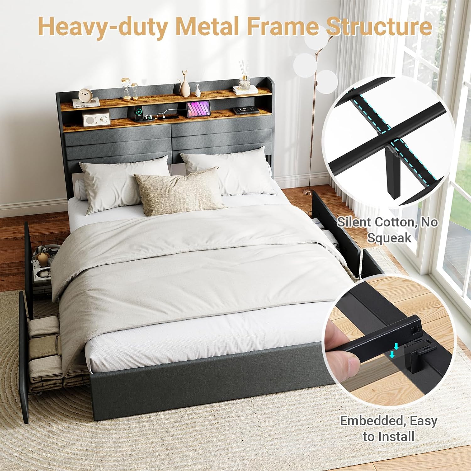 Zevemomo Full Bed Frame with 4 Drawers, Upholstered Full Size Bed Frame with Headboard, LED, Charging Station with USB Ports & AC Outlets, Sturdy Metal Slat Support, Noiseless, Gray