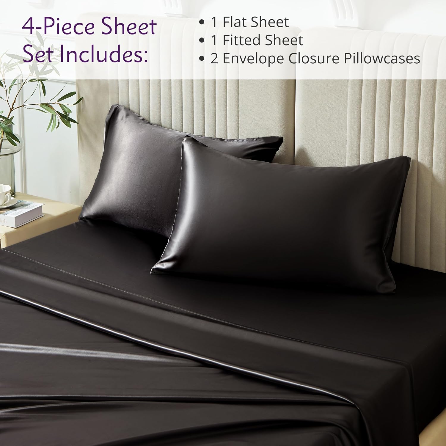 Mulberry Park Silks - 22 Momme 100% Mulberry Silk Sheets - Queen Size Bed Set - 16' Pocket - Luxurious Bed Sheets & Pillowcases, Skin-Friendly & Breathable - Charmeuse Silk for Hair Care - Black