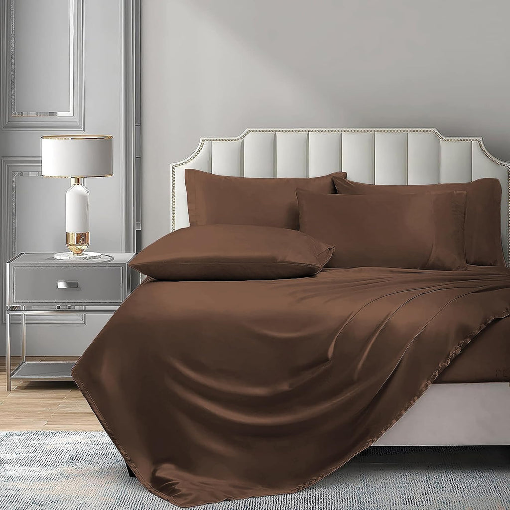 6 Piece Mulberry Silk Sheet Set Queen Size (60x80)+ Upto 16 Inch Deep Pocket Chocolate Brown Color Smooth Soft and Silk Bed Sheets Queen Size Bedding Set