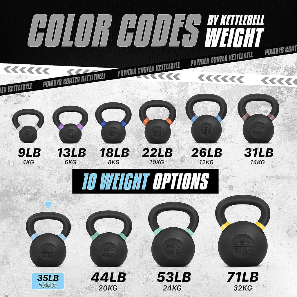 Yes4All Powder Coated Kettlebell, Cast Iron Core Kettlebells with Non-Slip Handle & Flat Bottom for Conditioning, Heavy Duty for Strength Training, 9lb to 71lb - Single & Pair